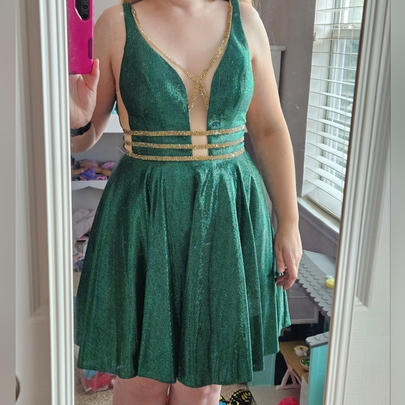 JVN Green and Gold Shoet Prom Dress Size 10 - Picture 10 of 13